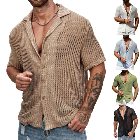 Herren Strickhemd Polyester Ausgehöhlt Kurzarm Knopfleiste Umlegekragen Atmungsaktiv Lässiges Sommer Strand Oberteil