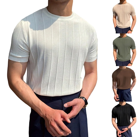 Maglietta da Uomo Slim Fit in Maglia a Costine Manica Corta Girocollo Righe Verticali Traspirante Casual Tinta Unita Top Estivo