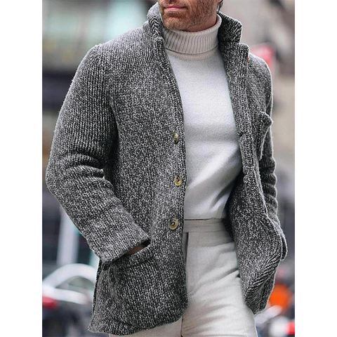 Cardigan en Grosse Maille Décontracté pour Hommes Col Montant Veste Pull à Boutonnage Simple Avec Poches Manteau Hiver