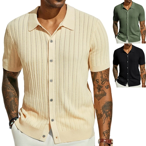 Herren Strick Kurzarm Poloshirt Durchbrochenes Vertikalstreifen Knopfleiste Sommer Atmungsaktive Strickjacke Top Vintage Lässige Kleidung Für Männer