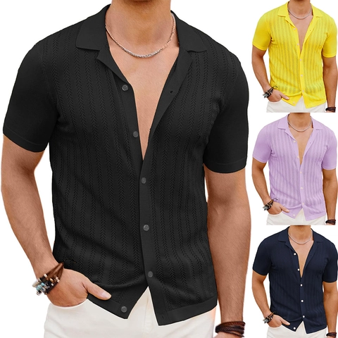 Herren Sommer Strick Polo Hemd Kurzarm Durchbrochene Textur Casual Knopfleiste Leichtes Oberteil Für Urlaub Resort