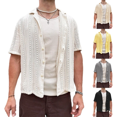 Heren Casual Gebreid Overhemd Hollow Gehaakt Korte Mouw Revers Knoopsluiting Effen Kleur Zomer Vakantie Ademend Relaxed Top