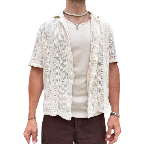 Heren Casual Gebreid Overhemd Hollow Gehaakt Korte Mouw Revers Knoopsluiting Effen Kleur Zomer Vakantie Ademend Relaxed Top