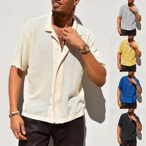 Herren Hollow Out Strickhemd Atmungsaktiv Sommer Kurzarm Revers Button Down Casual Strand Polo Top Für Herren Einfarbig Kleidung