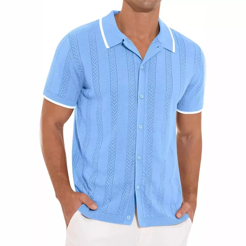 Polo en Maille Décontracté pour Hommes Manches Courtes Ajouré Respirant Haut à Boutons Style Rétro Bordure Contrastée