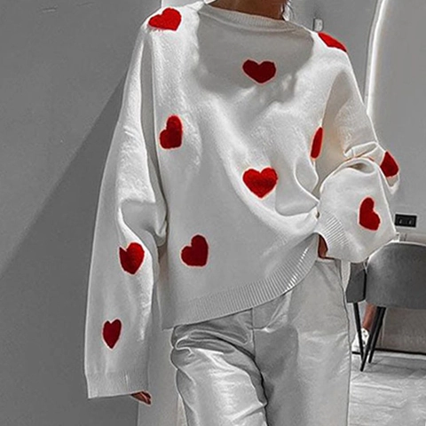 Maglione da Donna in Maglia con Motivo a Cuore Girocollo Manica Lunga Pullover Largo Casual Filato Ricoperto Autunno Inverno