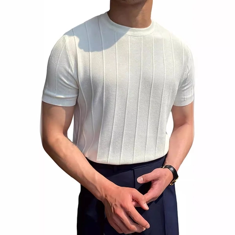 Maglietta da Uomo Slim Fit in Maglia a Costine Manica Corta Girocollo Righe Verticali Traspirante Casual Tinta Unita Top Estivo
