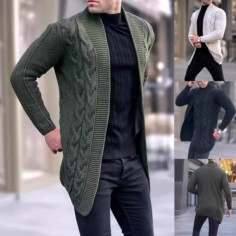 Men Casual Cable Knit Cardigan Sweater Long Sleeve Open Front Knitted Jacket Mid Length Autumn Winter Outerwear For Men