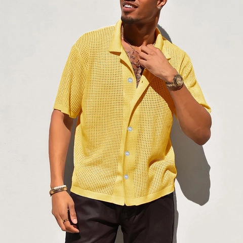 Herren Hollow Out Strickhemd Atmungsaktiv Sommer Kurzarm Revers Button Down Casual Strand Polo Top Für Herren Einfarbig Kleidung