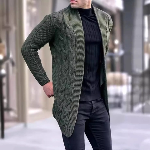 Men Casual Cable Knit Cardigan Sweater Long Sleeve Open Front Knitted Jacket Mid Length Autumn Winter Outerwear For Men