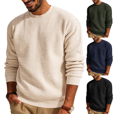 Men's Waffle Knit Sweater Casual Round Neck Long Sleeve Pullover Viscose Nylon Polyester Blend Autumn Winter Warm Fashion Solid Color Top