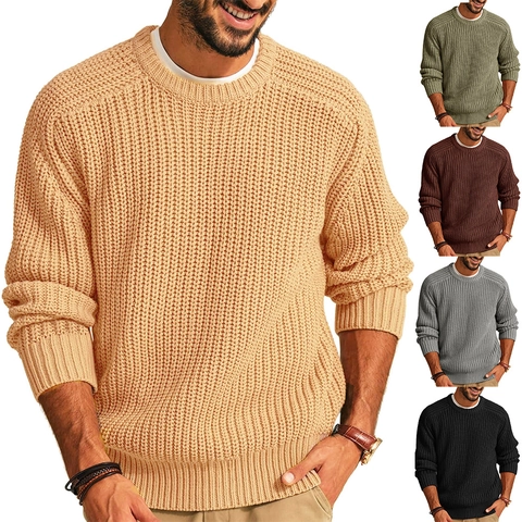 Heren Gebreide Trui Pullover Acryl Ronde Hals Lange Mouw Geribbelde Wafelbreisel Casual Warm Winter Top Voor Mannen Urban Stijl