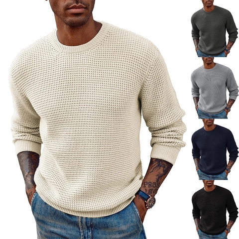Maglione da Uomo in Maglia a Nido d'Ape Girocollo Manica Lunga Pullover Acrilico Caldo Casual Stile Britannico