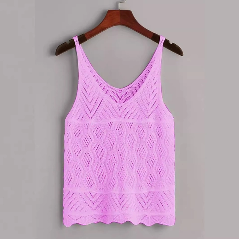 Women Crochet Hollow Out V Neck Tank Top Sleeveless Knit Camisole French Style Wave Hem Beach Vest For Women Summer