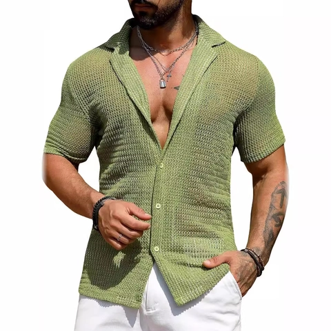 Herren Strickhemd Polyester Ausgehöhlt Kurzarm Knopfleiste Umlegekragen Atmungsaktiv Lässiges Sommer Strand Oberteil