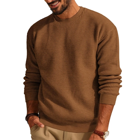Men's Waffle Knit Sweater Casual Round Neck Long Sleeve Pullover Viscose Nylon Polyester Blend Autumn Winter Warm Fashion Solid Color Top