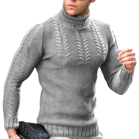 Heren Coltrui Kabelgebreid Warm Acryl Lange Mouwen Slim Fit Trui Winter Casual Mode Effen Kleur Breigoed