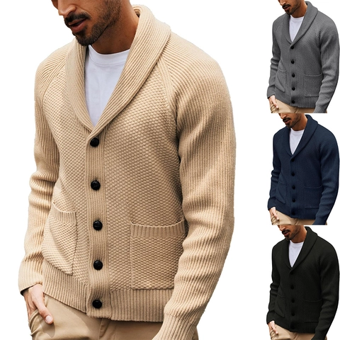 Men's Knitted Cardigan Shawl Collar Sweater Jacket Single Breasted Buttons With Pockets Casual Waffle Texture Warm Knit Top