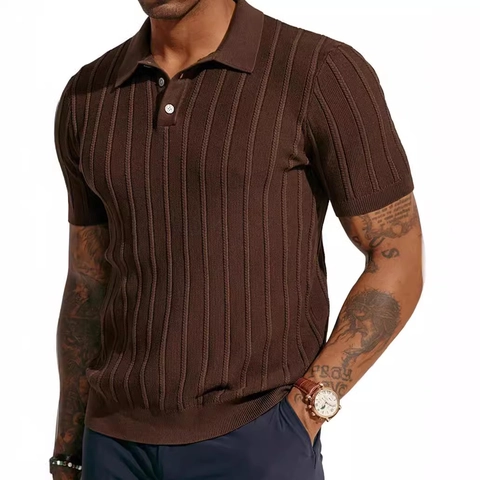 Polo da Uomo in Maglia Casual Manica Corta a Costine a Strisce Verticali Revers Leggera Traspirante Top Estivo da Uomo Moda