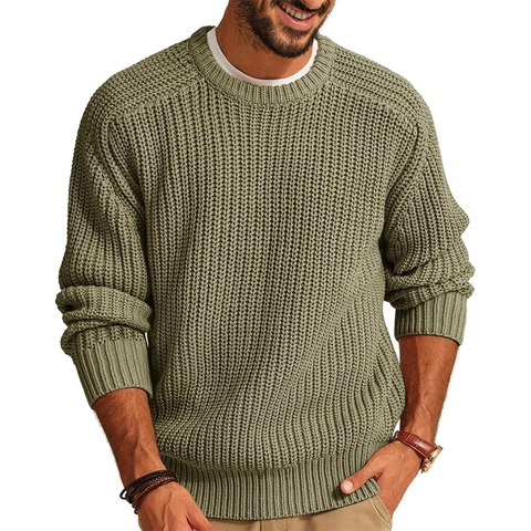 Heren Gebreide Trui Pullover Acryl Ronde Hals Lange Mouw Geribbelde Wafelbreisel Casual Warm Winter Top Voor Mannen Urban Stijl