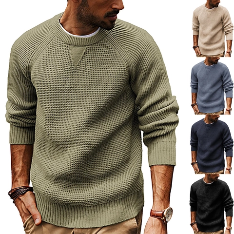 Men Waffle Knit Sweater Casual Round Neck Raglan Sleeve Oversized Pullover Thick Warm Winter Knitwear Solid Color Male Top