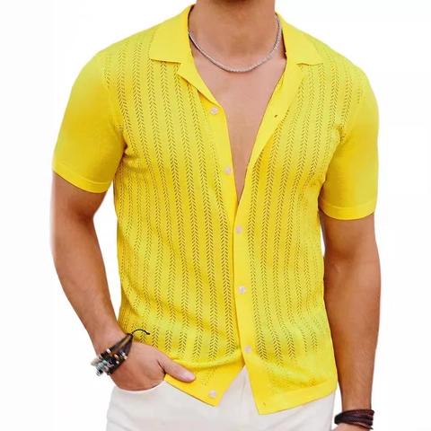 Herren Sommer Strick Polo Hemd Kurzarm Durchbrochene Textur Casual Knopfleiste Leichtes Oberteil Für Urlaub Resort