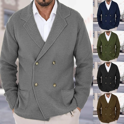 Heren Double-Breasted Gebreid Vest Acryl Reverskraag Jas Trui Business Casual Lange Mouwen Bovenkleding Met Zakken