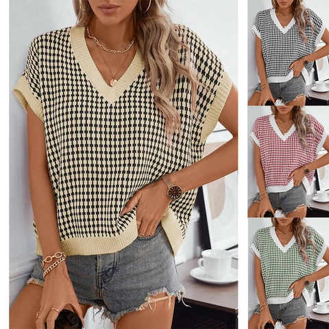 Women Houndstooth Knit Vest Acrylic V-Neck Sleeveless Pullover Sweater Casual Autumn Winter Loose Waistcoat Top
