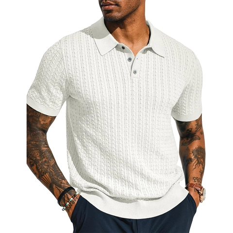 Polo en Maille pour Hommes Torsades Manches Courtes Revers Coupe Ajustée Mélange Viscose Polyamide Polyester Haut d'Été Décontracté