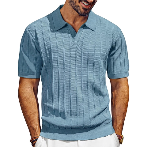 Herren Mesh Strick Polo Shirt Kurzarm V-Ausschnitt Polyester Hohlstreifen Top Retro Lässig Sommer Business Herrenbekleidung
