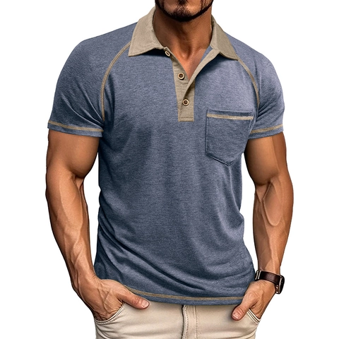 Men Contrast Polo Shirt Breathable Polyester Viscose Blend Short Sleeve Raglan Top With Breast Pocket Wood Buttons Casual Fashion Style For Men