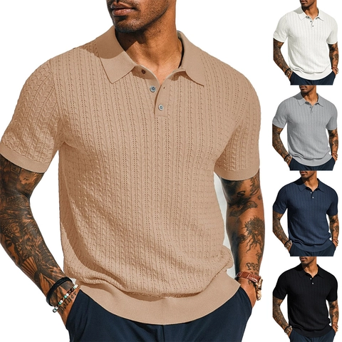 Polo en Maille pour Hommes Torsades Manches Courtes Revers Coupe Ajustée Mélange Viscose Polyamide Polyester Haut d'Été Décontracté