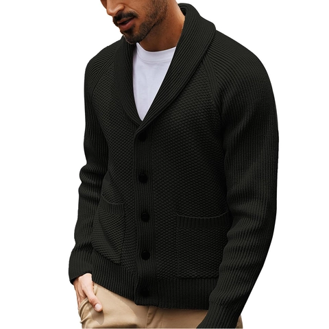 Men's Knitted Cardigan Shawl Collar Sweater Jacket Single Breasted Buttons With Pockets Casual Waffle Texture Warm Knit Top