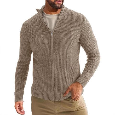 Herren Slim Fit Waffelstrick Cardigan Pullover Warmes Acrylgewebe Stehkragen Reißverschluss Casual Jacke Für Herbst Winter Alltag