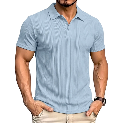 Herren Kurzarm Polohemd Gerippter Strick Atmungsaktiv Sommer Top Casual Business Slim Fit Einfarbig Polyester Elasthan