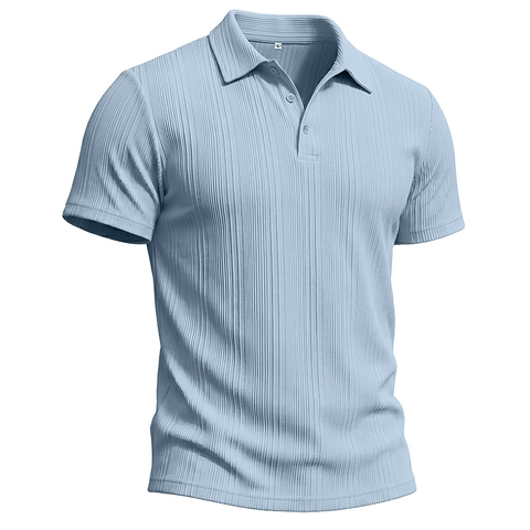 Herren Kurzarm Polohemd Gerippter Strick Atmungsaktiv Sommer Top Casual Business Slim Fit Einfarbig Polyester Elasthan