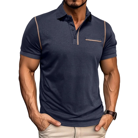 Polo para Hombre Mezcla de Algodón Transpirable Manga Corta Costuras En Contraste Top Casual De Negocios Para Oficina
