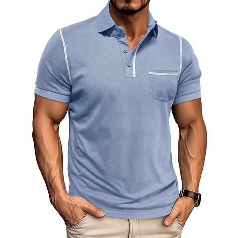 Herren Casual Kurzarm Poloshirt Baumwollmischung Atmungsaktives Top Mit Kontrastnähten Und Brusttasche Business Polo
