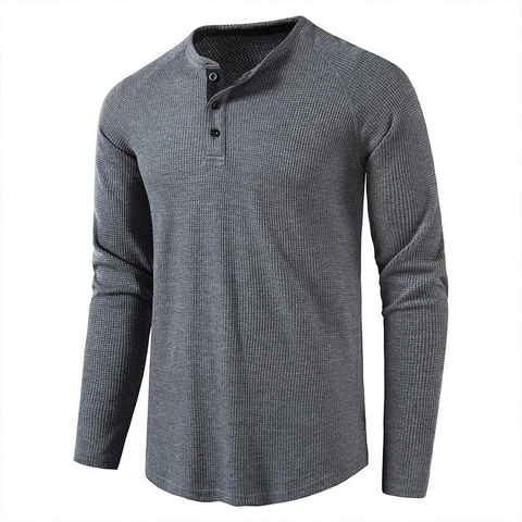 Men's Casual Waffle Knit Henley Shirt Solid Color Raglan Long Sleeve Slim Fit T-Shirt Soft Polyester Blend Fashion Tops