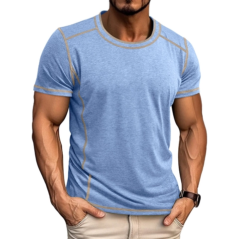 Herren Kontrastnähte Rundhals T-Shirt Slim Fit Meliert Kurzarm Lässig Sport Top Polyester Viskose