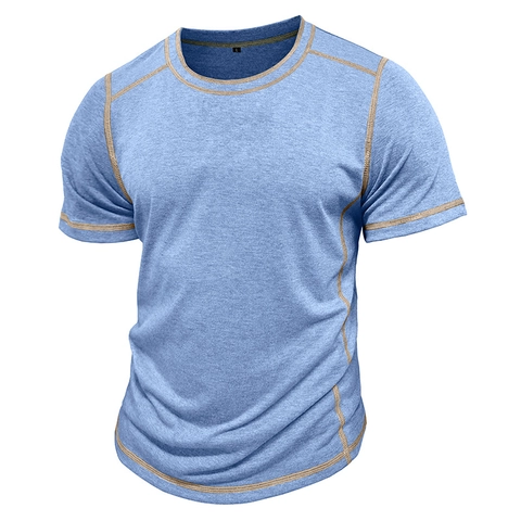 Herren Kontrastnähte Rundhals T-Shirt Slim Fit Meliert Kurzarm Lässig Sport Top Polyester Viskose