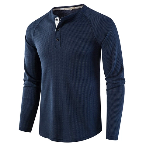 Men's Casual Waffle Knit Henley Shirt Solid Color Raglan Long Sleeve Slim Fit T-Shirt Soft Polyester Blend Fashion Tops