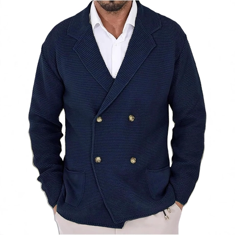 Heren Double-Breasted Gebreid Vest Acryl Reverskraag Jas Trui Business Casual Lange Mouwen Bovenkleding Met Zakken