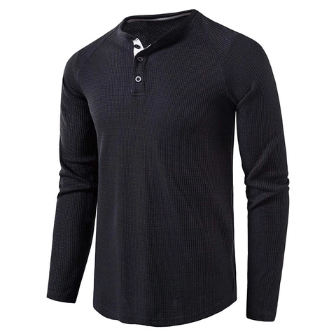 Maglia Henley da Uomo in Maglia a Nido d'Ape a Maniche Lunghe Casual Tinta Unita Con Bottoni per Autunno Inverno Comoda