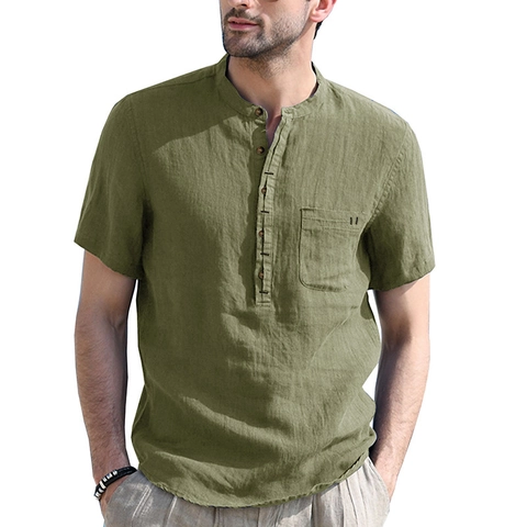 Men Casual Cotton Linen Henley Shirt Short Sleeve Stand Collar Loose Fit Solid Color Summer Beach Top With Chest Pocket