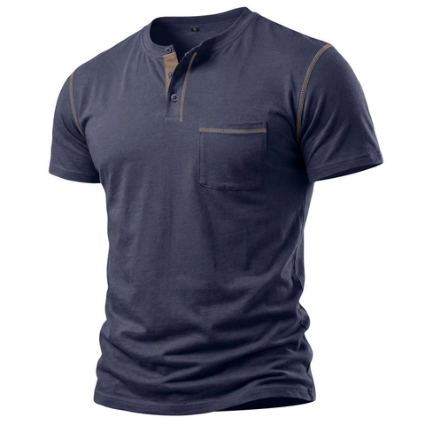 Maglietta Henley da Uomo a Manica Corta in Misto Cotone Traspirante Casual con Cuciture a Contrasto Taschino Slim Fit Top Vintage