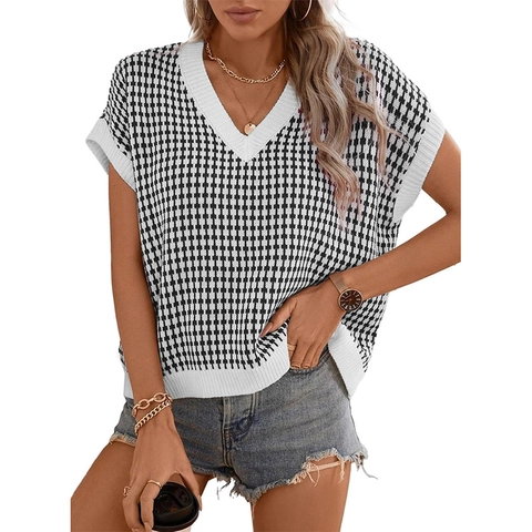 Women Houndstooth Knit Vest Acrylic V-Neck Sleeveless Pullover Sweater Casual Autumn Winter Loose Waistcoat Top