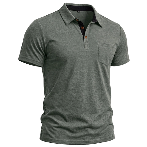 Polo pour Hommes Coupe Ajustée Manches Courtes Avec Poche Poitrine Col Contrasté Tissu Chiné Hauts Été Décontractés