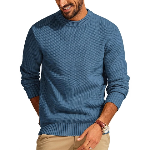Men's Waffle Knit Sweater Crew Neck Long Sleeve Pullover Acrylic Casual Basic Solid Color Warm Knitwear Top For Autumn Winter