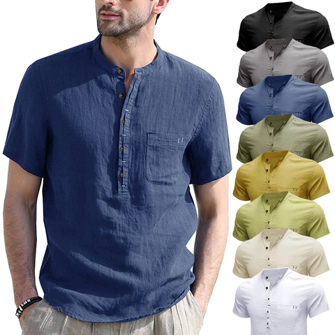 Men Casual Cotton Linen Henley Shirt Short Sleeve Stand Collar Loose Fit Solid Color Summer Beach Top With Chest Pocket